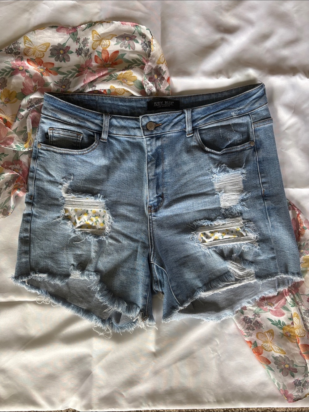 Judy Blue Light Blue Distressed Denim Shorts with Floral Patch